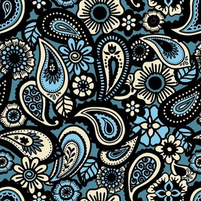 Cream and Blue Paisley on a Teal Background (Large)