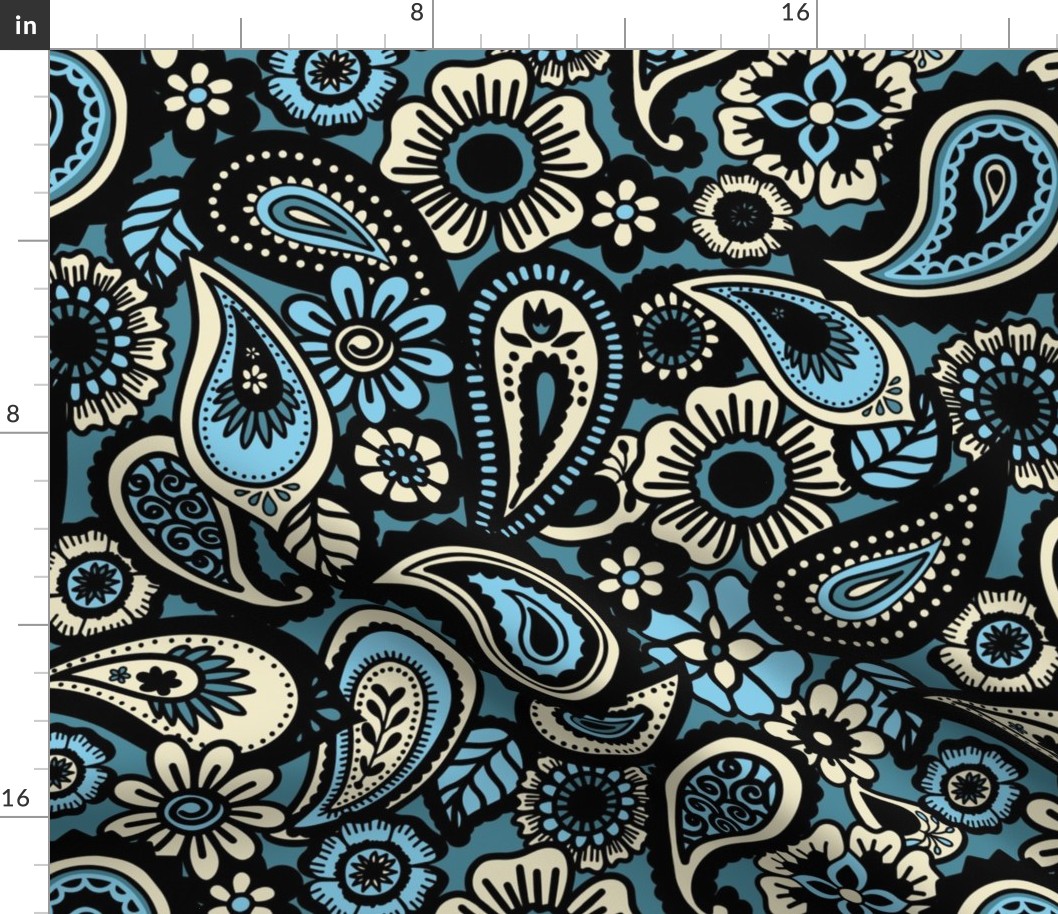 Cream and Blue Paisley on a Teal Background (Large)