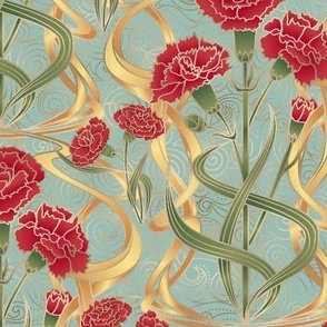 Art Nouveau Carnations - Duck Egg Blue