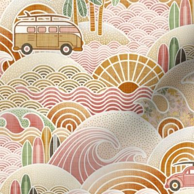 California Dreaming-  Sea_ Sun and Surf- Vintage Colors- Pink- Gold- Green- Vintage Cars- Camping Van- Beetle- California- Bohemian Summer Beach- Boho Sea Waves- Wallpaper- Small