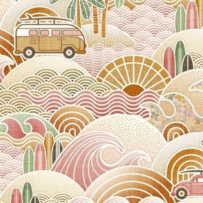 California Dreaming-  Sea_ Sun and Surf- Vintage Colors- Pink- Gold- Green- Vintage Cars- Camping Van- Beetle- California- Bohemian Summer Beach- Boho Sea Waves- Wallpaper- Small