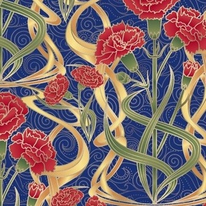 Art Nouveau Carnations - Soft Navy