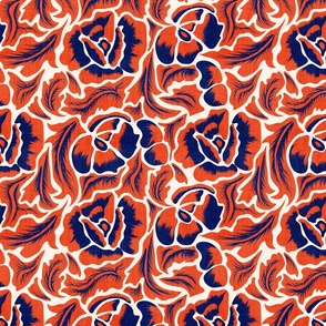 Neo Retro Poppy- Flower Power on Seashell- Orange Navy Blue Mosaic Floral- Regular Scale