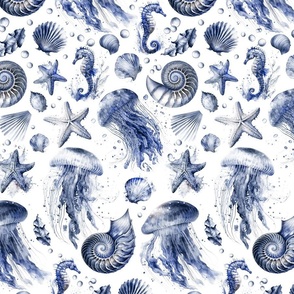 Underwater Magic Nautical Watercolor Pattern Navy Blue  Smaller Scale