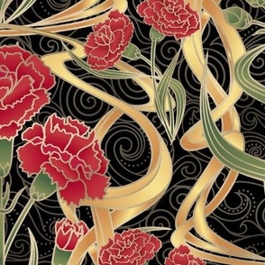 Art Nouveau Carnations - Black Extra Large