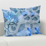 Blue Nautical Mixed Media Art Pattern With Corals Fish Seaweed And Shells Large Scale