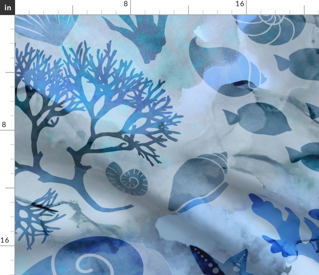 Blue Nautical Mixed Media Art Pattern With Corals Fish Seaweed And Shells Large Scale