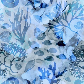 Blue Nautical Mixed Media Art Pattern With Corals Fish Seaweed And Shells Smaller Scale