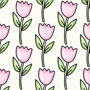 Large Scale Pink Spring Easter Tulip Flowers on Antique White