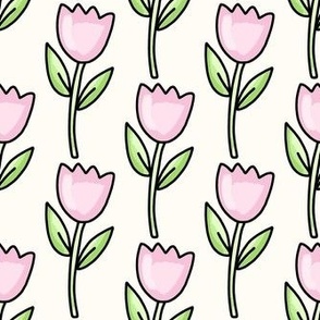Medium Scale Pink Spring Easter Tulip Flowers on Antique White