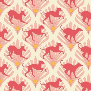 Art Deco Dogs Running in Coral. Peach and Gold Large Print