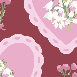 80's Country Lace Floral Hearts in Burgundy + Mauve Pink