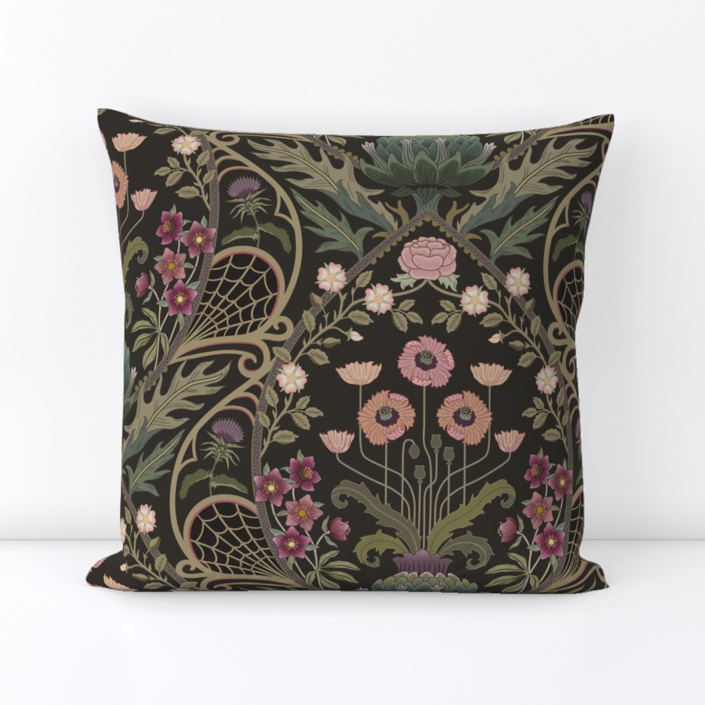 Art Nouveau Poppies - dark and moody damask with hellebore, roses, artichoke flower and milk thistle - olive green, pink and gold - large