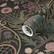 Art Nouveau Poppies - dark and moody damask with hellebore, roses, artichoke flower and milk thistle - olive green, pink and gold - large