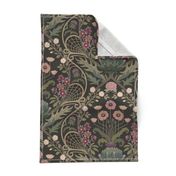 Art Nouveau Poppies - dark and moody damask with hellebore, roses, artichoke flower and milk thistle - olive green, pink and gold - large