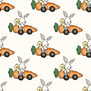 Large Scale Racing Bunny Rabbits Chicks in Carrot Cars on Antique White