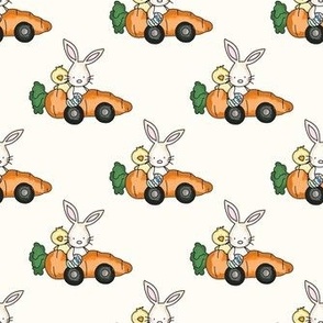 Medium Scale Racing Bunny Rabbits Chicks in Carrot Cars on Antique White