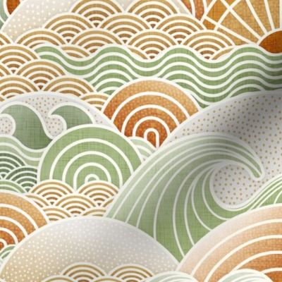 Sun and Sea- Vintage Colors- Gold- Green- California- Bohemian Summer Beach- Boho Sea Waves- Earth Tones Wallpaper- Medium