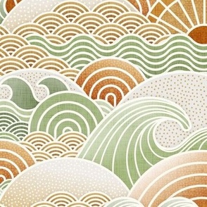 Sun and Sea- Vintage Colors- Gold- Green- California- Bohemian Summer Beach- Boho Sea Waves- Earth Tones Wallpaper- Medium