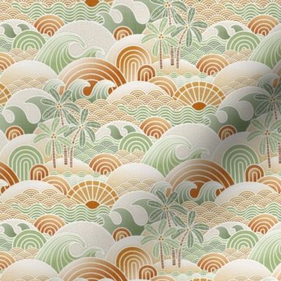 Sun and Sea- Vintage Colors- Gold- Green- California- Bohemian Summer Beach- Boho Sea Waves- Earth Tones Wallpaper- sMini