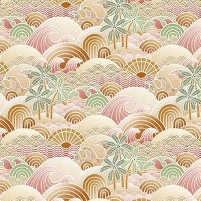 Sun and Sea- Vintage Colors- Pink- Gold- Green- California- Bohemian Summer Beach- Boho Sea Waves- Earth Tones Wallpaper- Mini