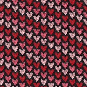 Scribbled pink and red hearts diagonal stripe on black