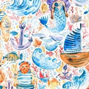 Cute marine watercolor mermaids, sailors and ships on white
