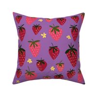 Repeating pattern of strawberries and flowers on a purple background