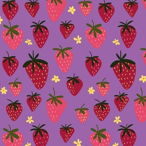 Repeating pattern of strawberries and flowers on a purple background