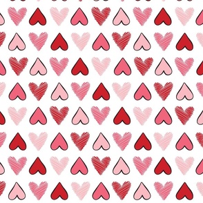 Pink and red hearts in alternating stripe pattern on white