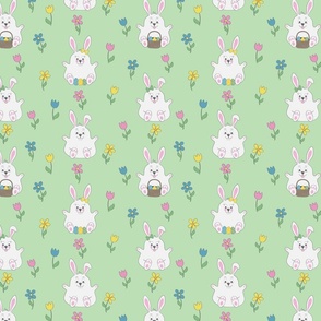 Chubby easter bunnies in a field of flowers