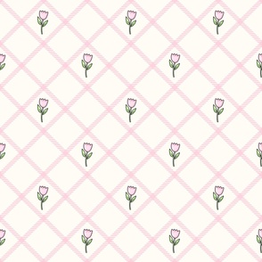 Large Scale Pink Easter Tulip Plaid on Antique White