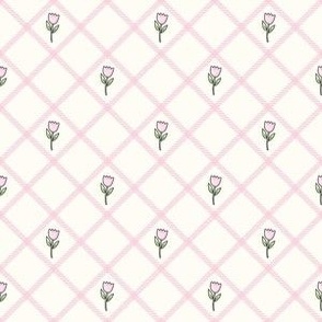 Small Scale Pink Easter Tulip Plaid on Antique White