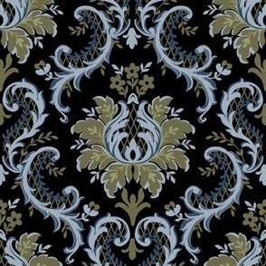 Intricate Victorian Floral Damask in Green and Wedgewood Blue on Black - Coordinate
