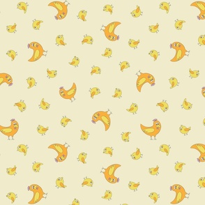 Silly hens and baby chicks, tossed on yellow