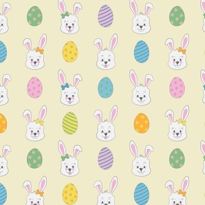 Bunny rabbit faces and easter eggs on pale yellow