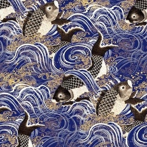 1868-1912 Vintage Japanese Carp in Waves - Cobalt Blue