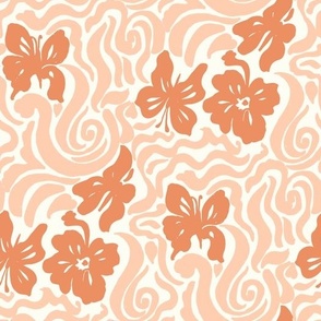 60s Bold Retro Warped Butterfly Retro floral swirl  Neutral peach brown white Regular Scale by Jac Slade