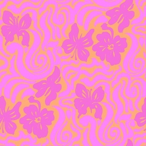 60s bold retro warped Butterfly floral swirl Orange Bright Pink Regular Scale by Jac Slade