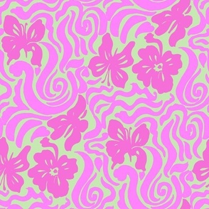 60s Bold Retro psychedelic warped Butterfly floral swirl Bright pink Green Regular Scale by Jac Slade