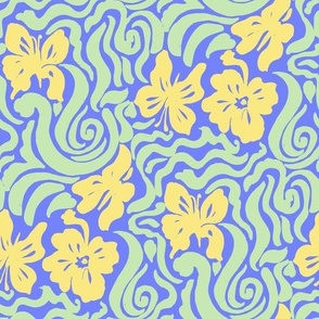 60s Bold Retro Butterfly Retro floral swirl Green blue yellow Regular Scale by Jac Slade