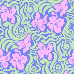 60s Bold Retro Warped Butterfly Retro floral swirl blue pink green Regular Scale by Jac Slade