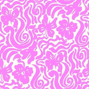 60s Butterfly Retro floral swirl Bright Barbie Pink and  Natural white Regular Scale by Jac Slade