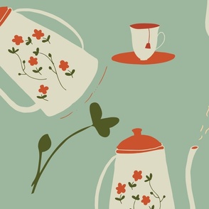 02-a-Large Tea pot and tea cups in teal and rust colour