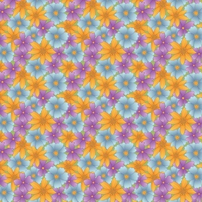 Verbena and Daisies in purple, blue, and orange