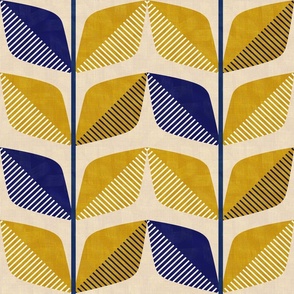 Blue and Mustard Leaves Mid Century Textured
