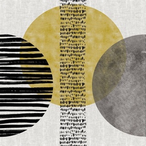 Modern Abstract Circles-gold and  black on gray linen texture (large scale) 