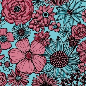 Inked Floral (Viva Magenta on Teal)