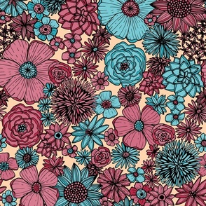 Inked Floral (Viva Magenta and Teal)