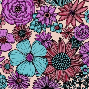 Inked Floral (Viva Magenta, Teal and Plum)